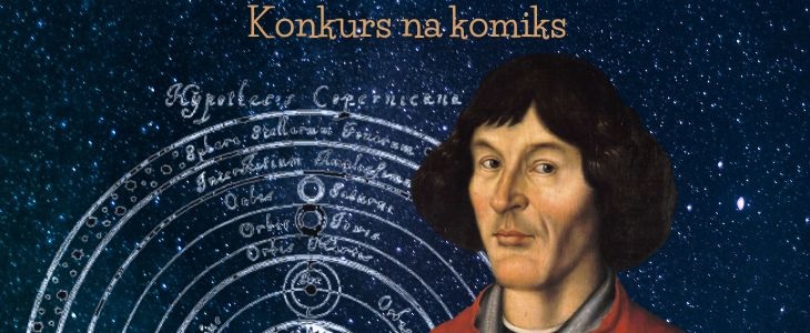 Twarz Mikołaja Kopernika na tle schematu jego koncepcji heliocentrycznej.