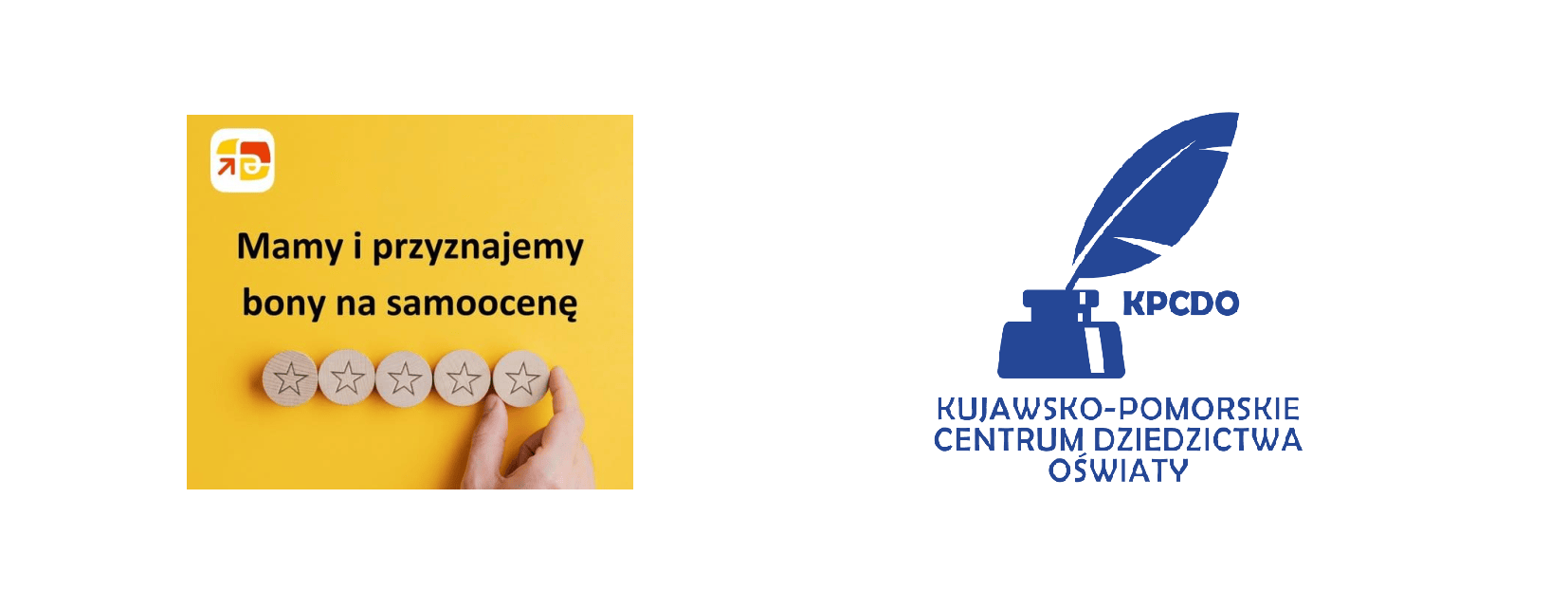 Logo KPCDO z kałamarzem i gęsim piórem oraz napis: mamy i przyznajemy bony na samoocenę. 